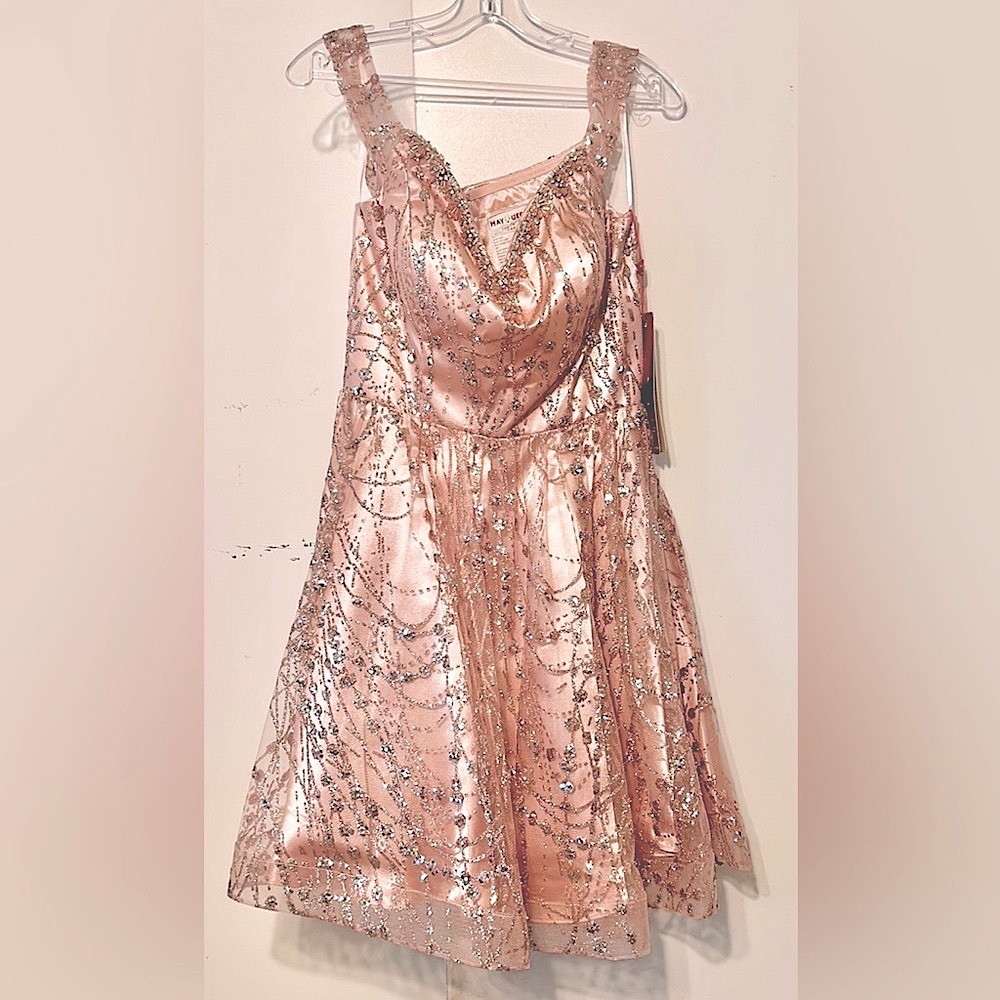 Rose gold shimmer, size 10, MayQueen Couture, off the shoulder or on, NWT